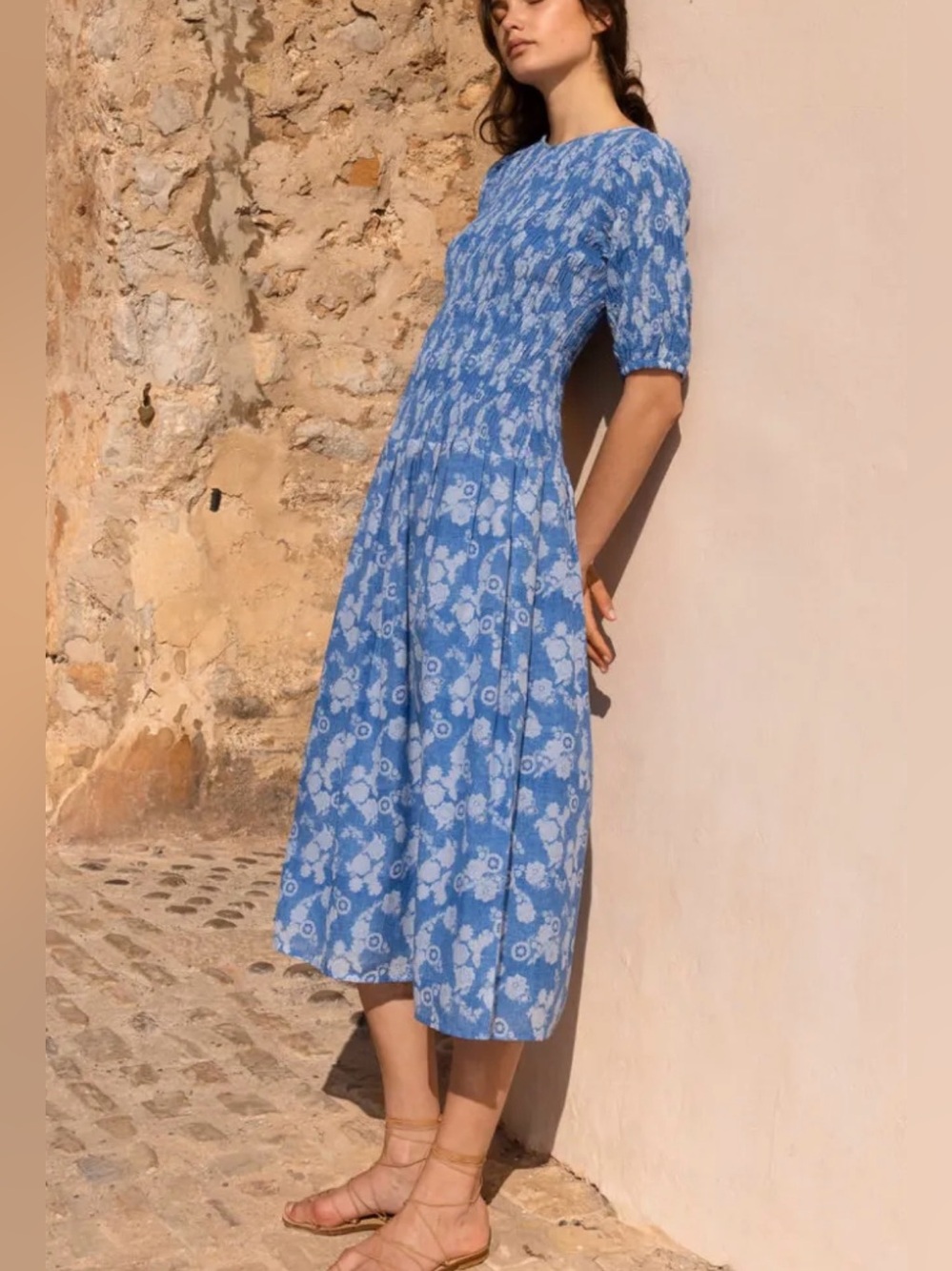 Oliphant Smocked Drop Waist Blue Floral Short Sleeve Midi Dress SMALL